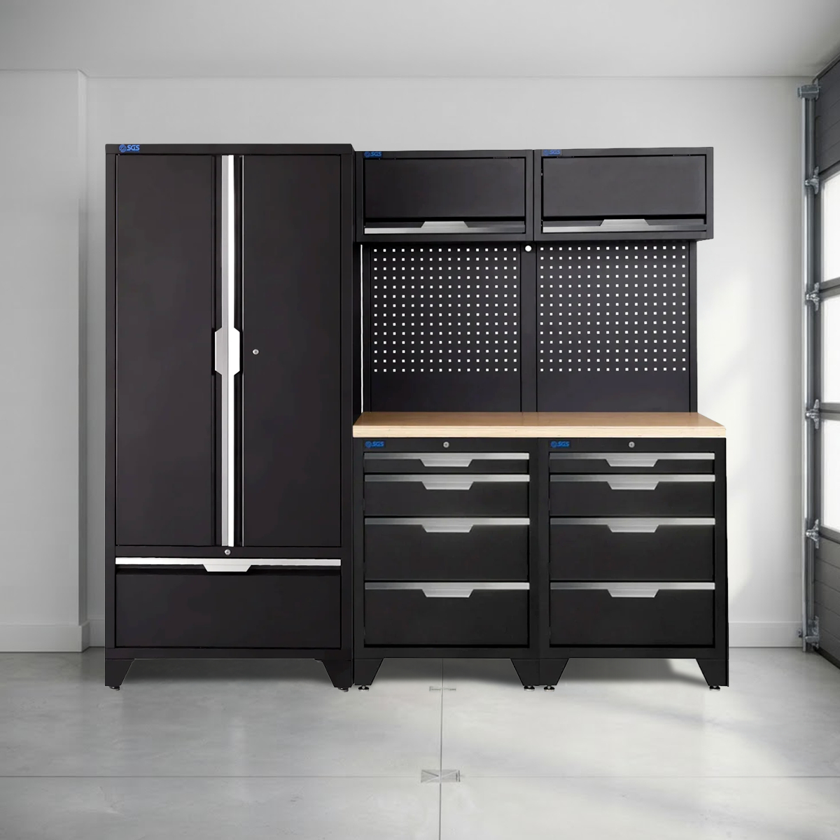 SGS 7pc Modular Garage Storage | 8 Drawers | Plywood Worktop | 2x Upper Cabinets | Tall Double Cabinet with Drawer